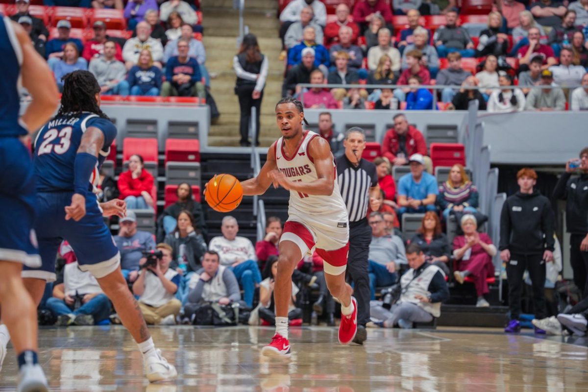 WSU Guard Jerone Morton taking it up the court against Gonzaga University, Jan. 15, 2026
