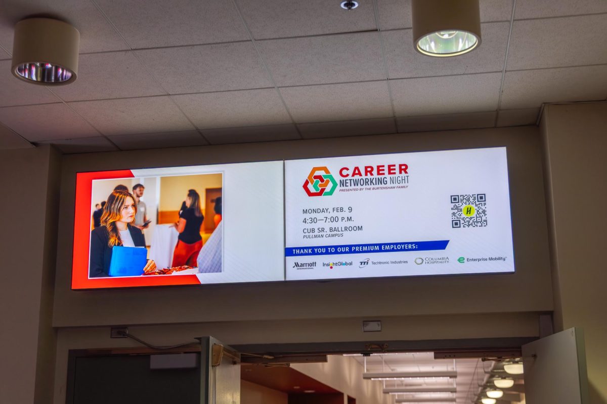 A TV in Todd Hall advertising WSU's Spring Career Expo, Feb. 8, 2026.