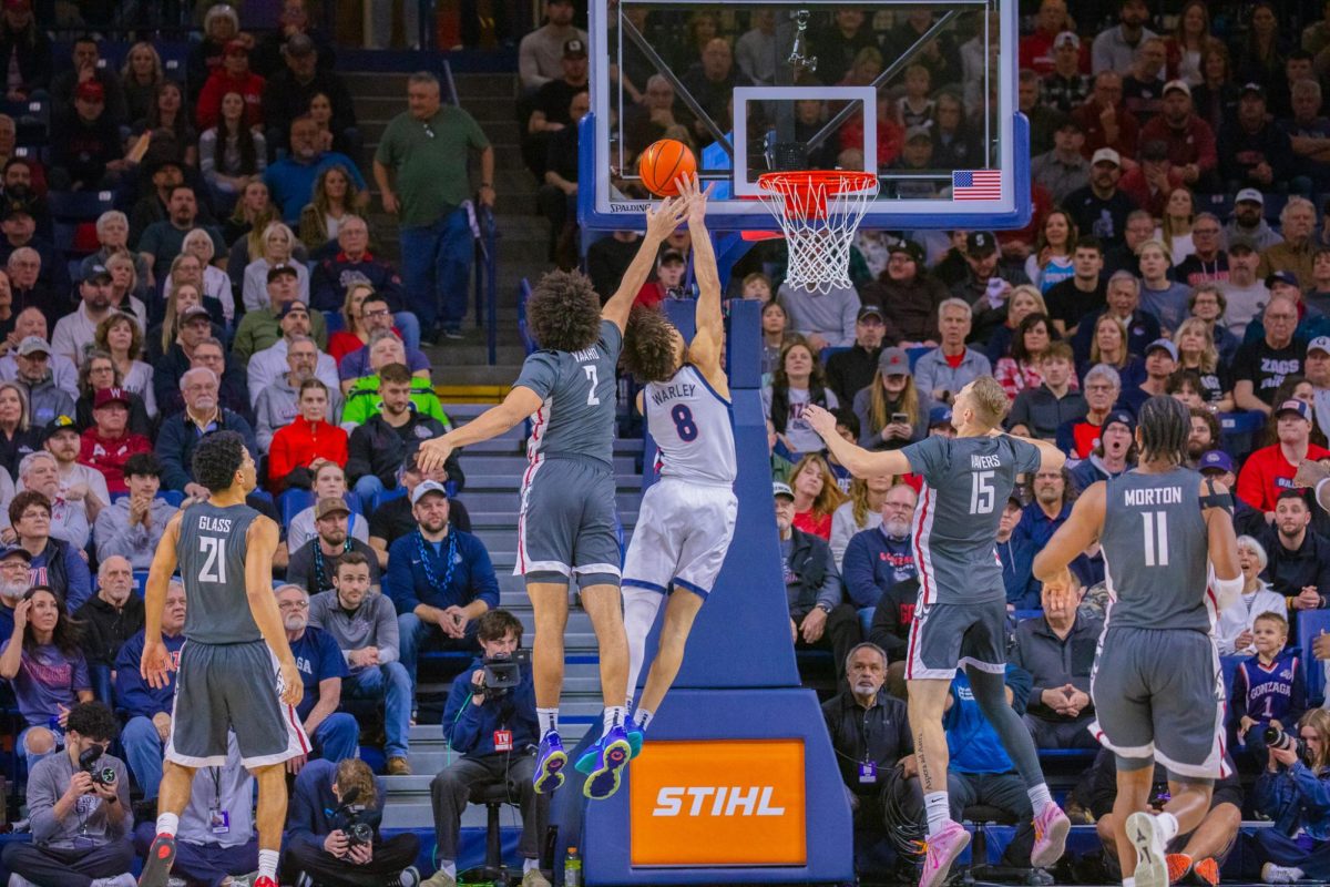 WSU Forward Eemeli Yalaho blocks a layup from Gonzaga University Guard Jalen Warley, Feb. 10, 2026.