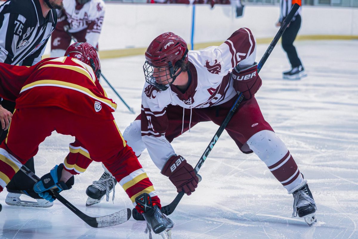 Van Rayner waiting for the referee to drop the puck against University of Southern California, Feb. 6, 2026.
