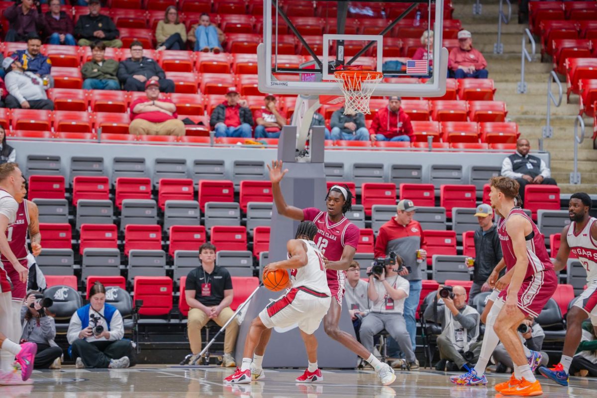 WSU Guard Jerone Morton about to go up for a basket against Santa Clara University, Feb. 7, 2026.
