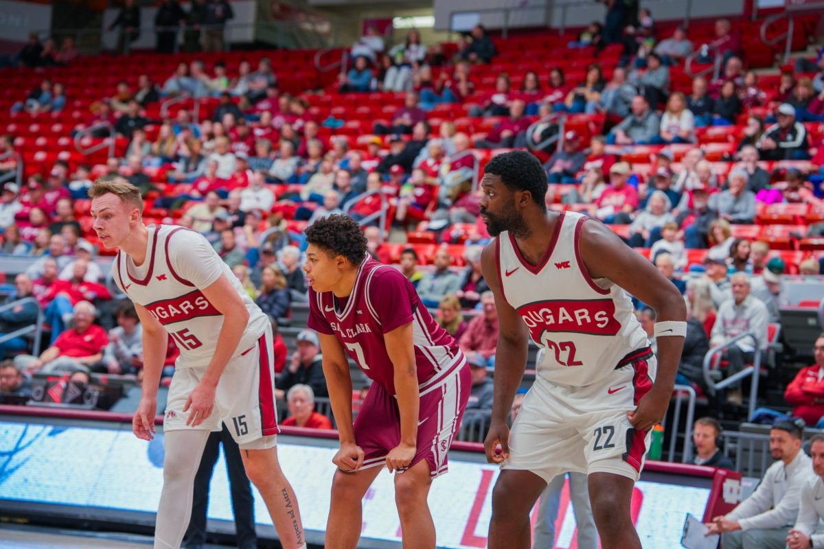 WSU Forwards Rihards Vavers (L) and ND Okafor (R) getting ready to box out a free throw against Santa Clara University, Feb. 7, 2026.
