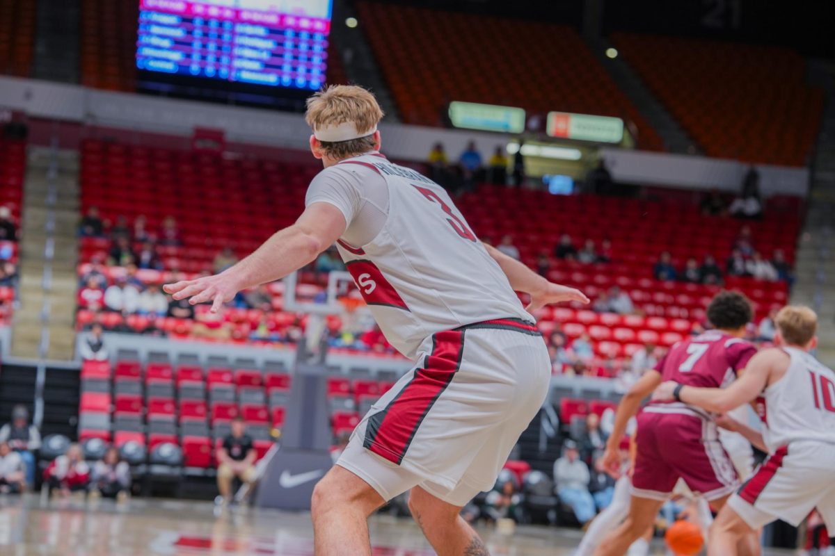 WSU Forward Simon Hildebrandt taking a defensive stance against Santa Clara University, Feb. 7, 2026.