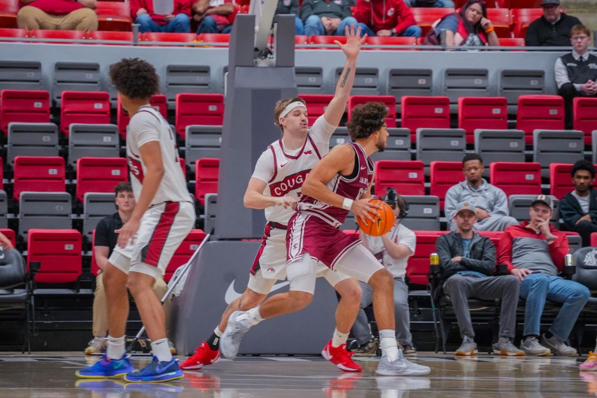 WSU Forward Simon Hildebrandt reaching to defend against Santa Clara University, Feb. 7, 2026.