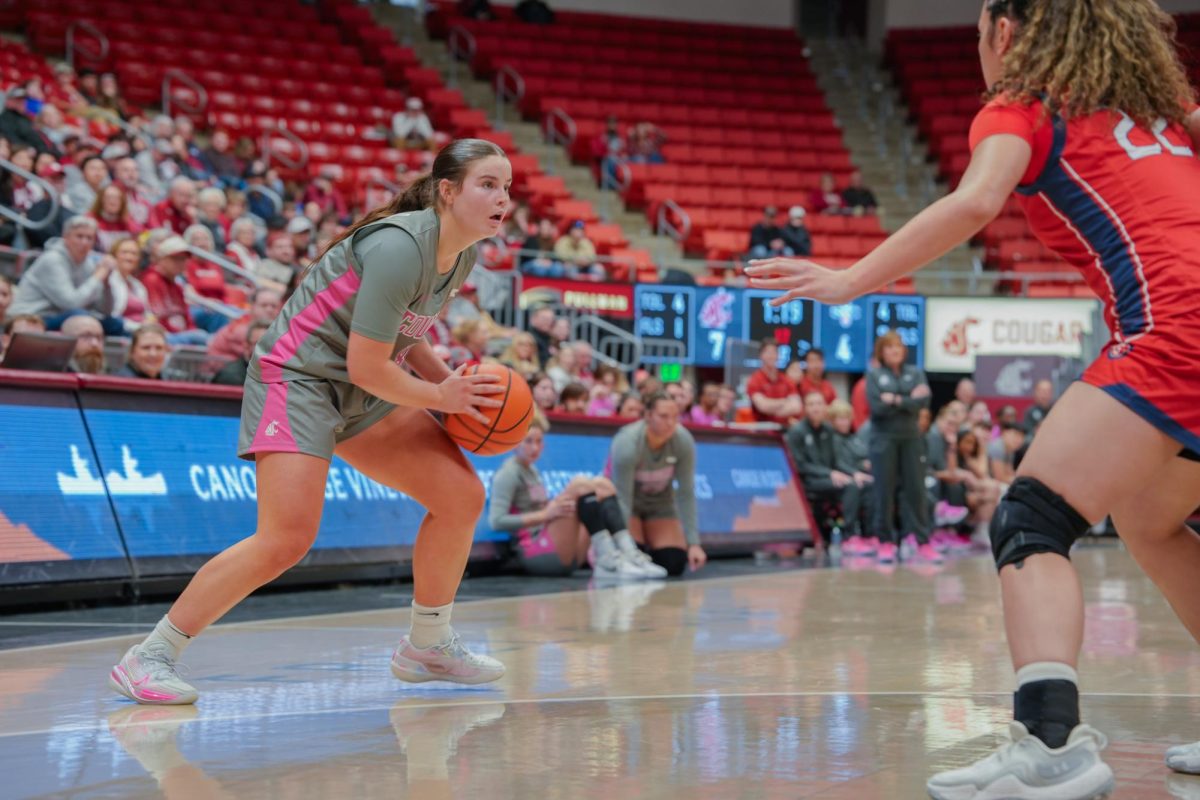 WSU Guard Mackenzie Chatfield looks for a pass against St. Mary's, Feb. 28, 2026.
