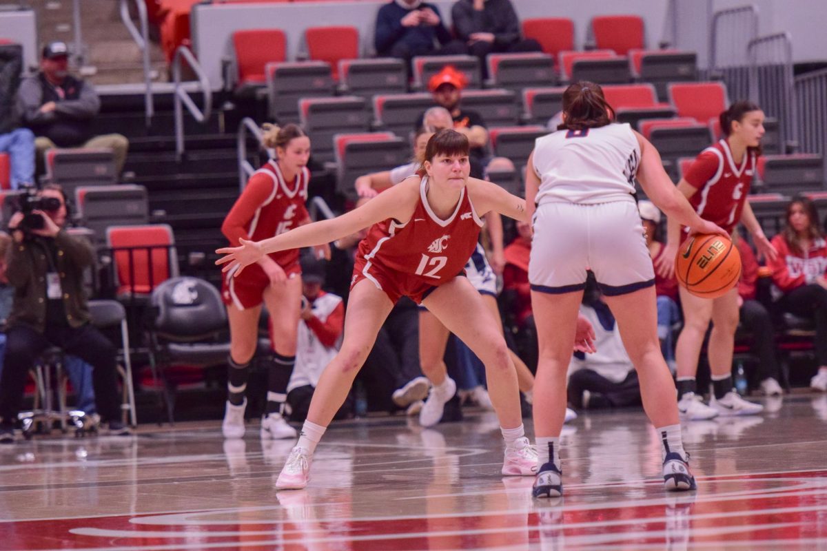 WSU Guard Marta Alsina guarding Gonzaga University Guard Inês Bettencourt, Jan. 31, 2026.