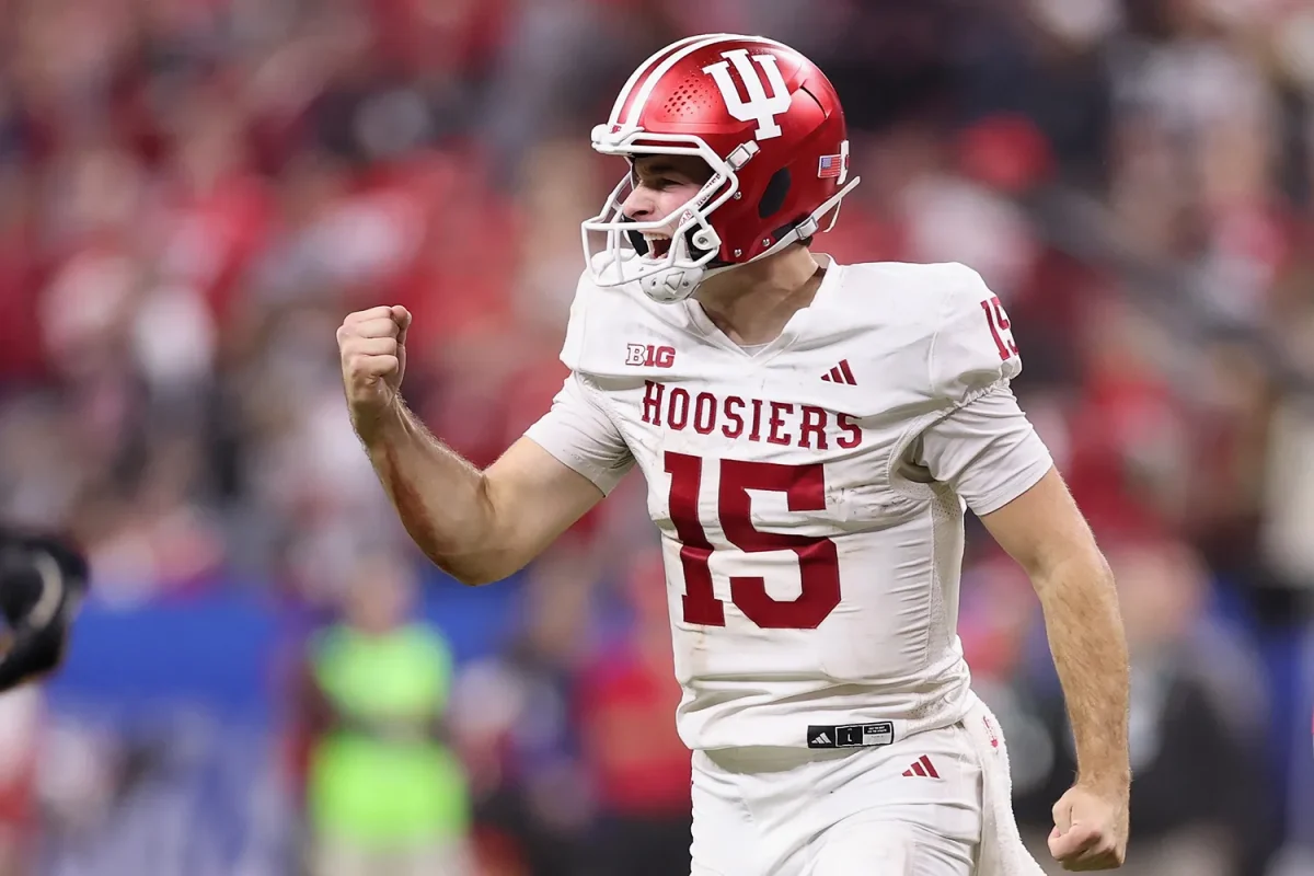 Fernando Mendoza celebrating a play with the Indiana Hoosiers during the 2025-2026 College Football season (Courtesy of People.com).
