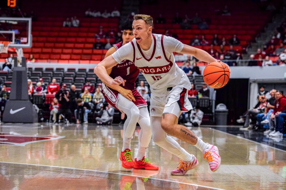 WSU Forward Rihards Vavers dribbling into open space against Santa Clara University, Feb. 7, 2026.
