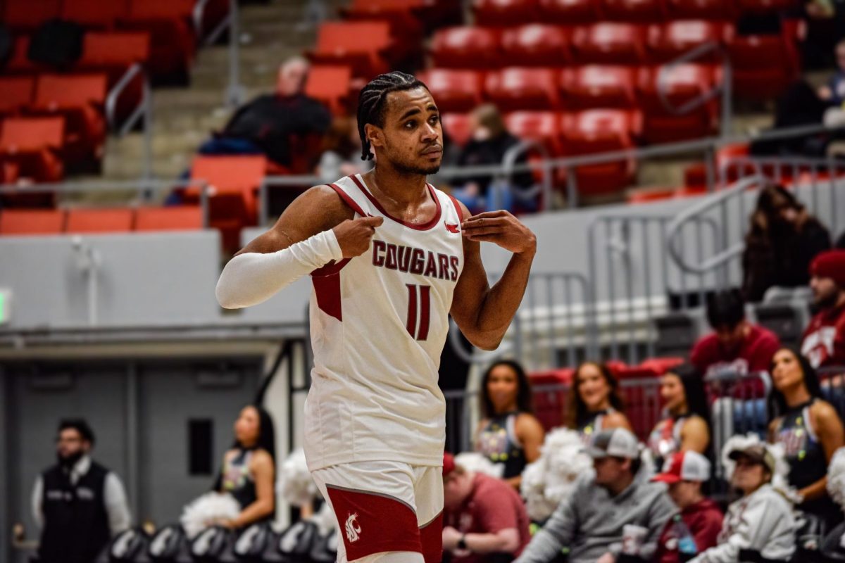 WSU guard Jerone Morton enters the court during WSU's game against Pacific on Feb. 18, 2026, Pullman, WASH