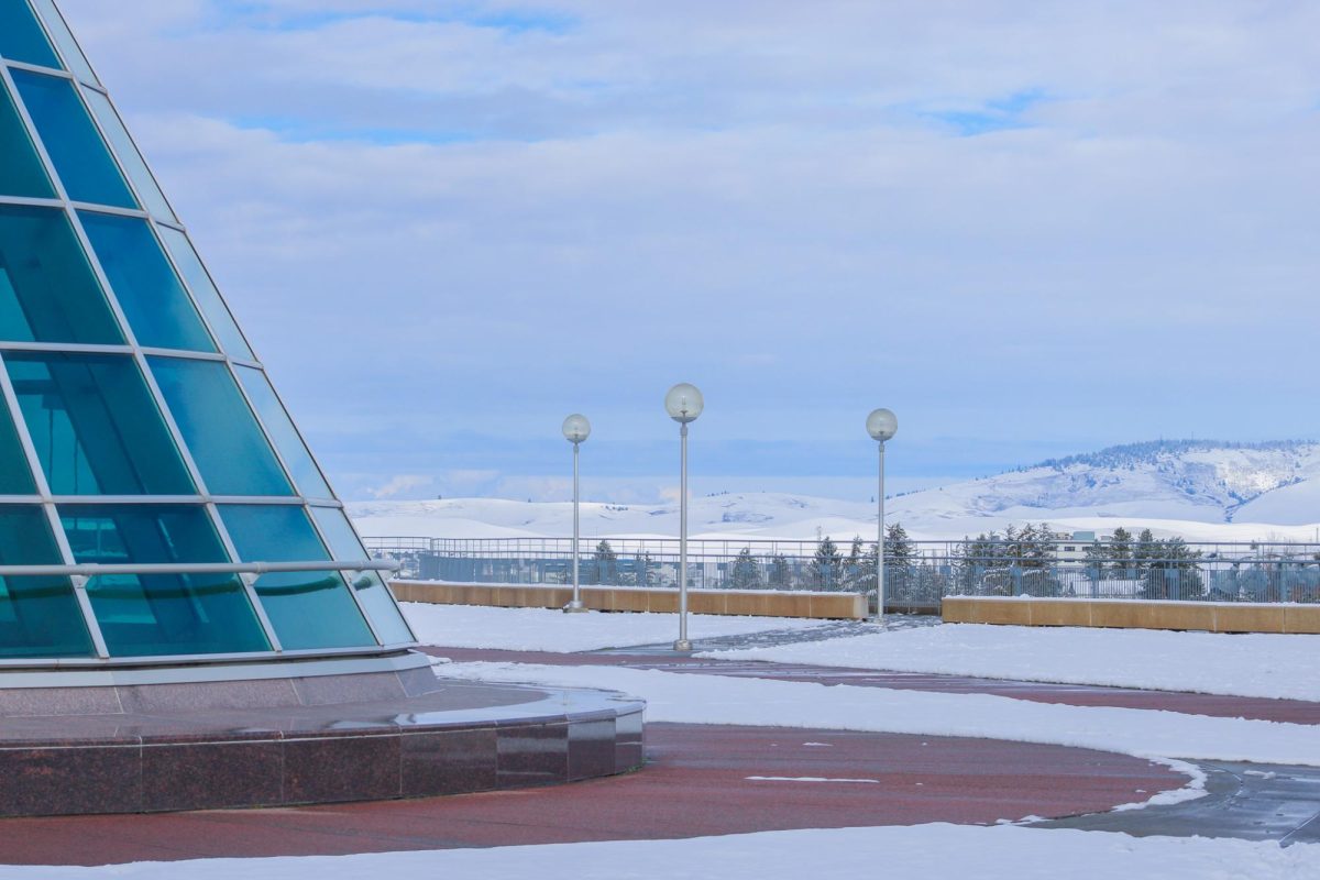 The snowy hills of the Palouse behind the Terrell Library atrium, Feb. 17, 2026.