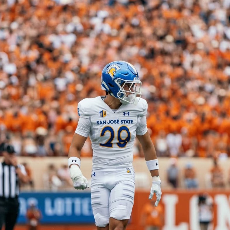 Jaylen Thomas on the field for a game with the San Jose State football team in 2025 (Courtesy of Opendorse.com) 