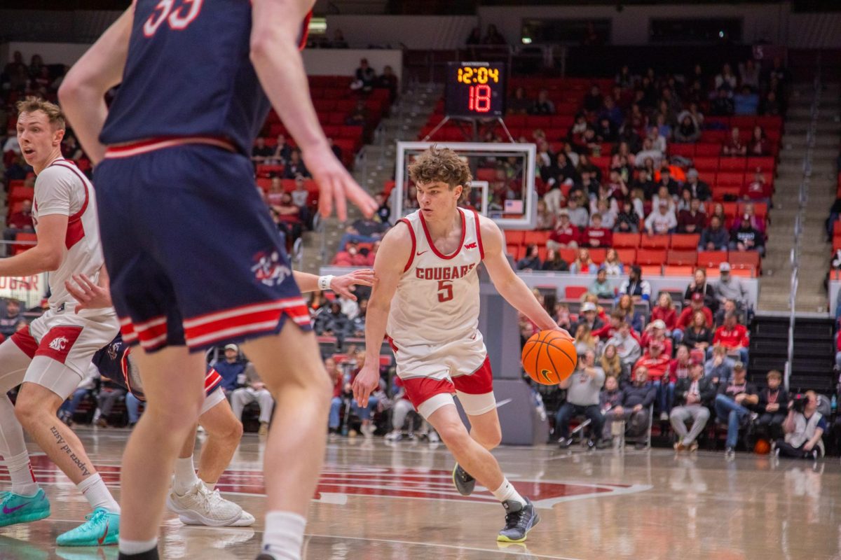 WSU Guard Tomas Thrastarson moves the ball down the court against Saint Mary’s, Feb. 21, 2026.