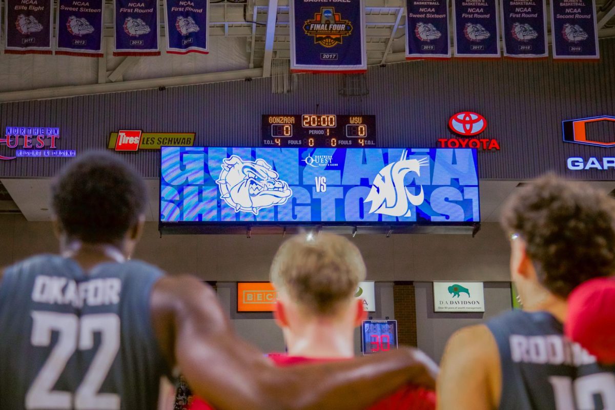 WSU Men's Basketball players line up before the game against Gonzaga University, Feb. 10, 2026.