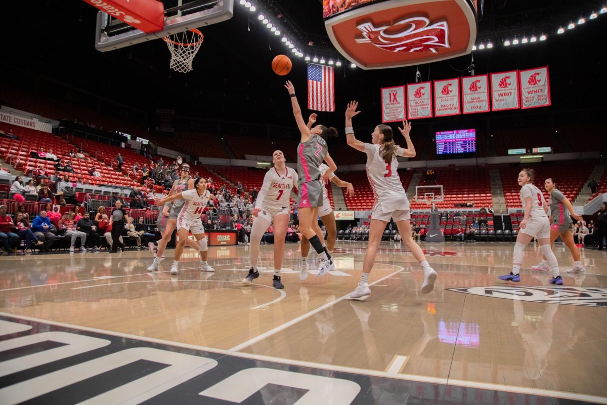 WSU Guard Eleonora Villa makes a contested shot against Seattle University, Feb. 26, 2026.