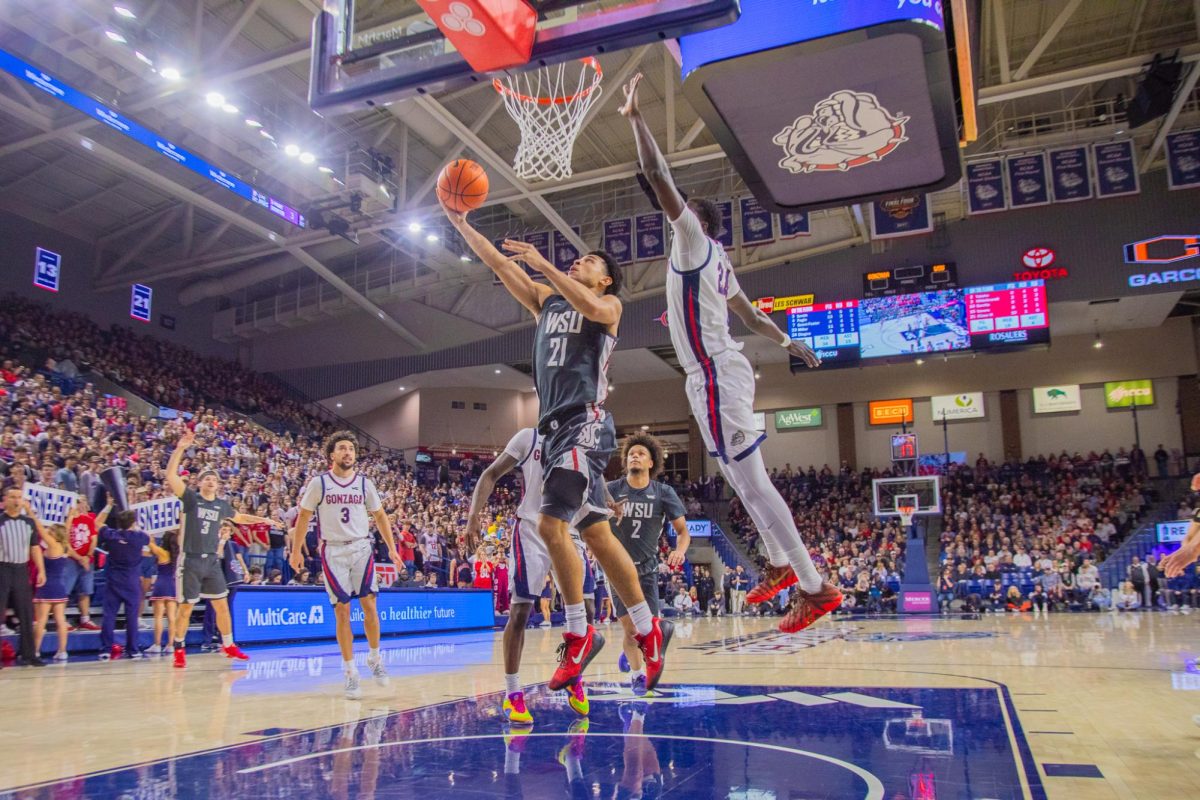 WSU Guard Ace Glass jumps for a layup against Gonzaga University, Feb. 10, 2026.