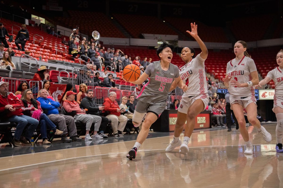 WSU Guard Jean Chiu rushes toward the net against Seattle University, Feb. 26, 2026.