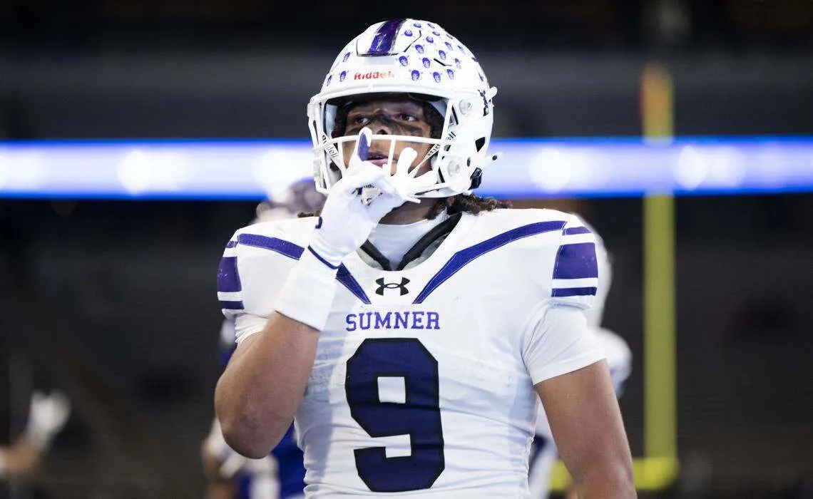 Sumner running back Lance McGee reacts to a touchdown against Lake Stevens during the 4A State Championship game at Husky Stadium, on Saturday, Dec. 6, 2025, in Seattle. (Courtesy of Brian Hayes).