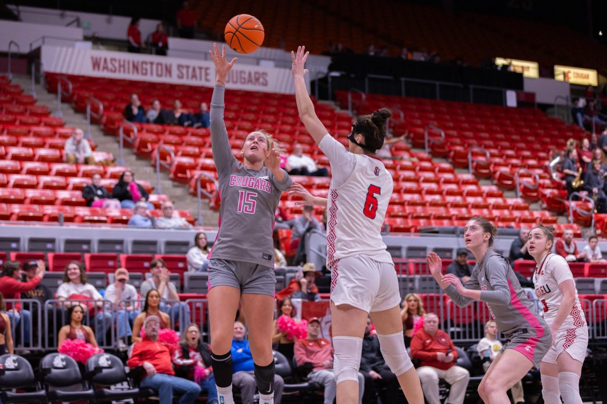 WSU Guard Keandra Koorits makes a contested shot against Seattle University' Forward Andjela Bigovic, Feb. 26, 2026.