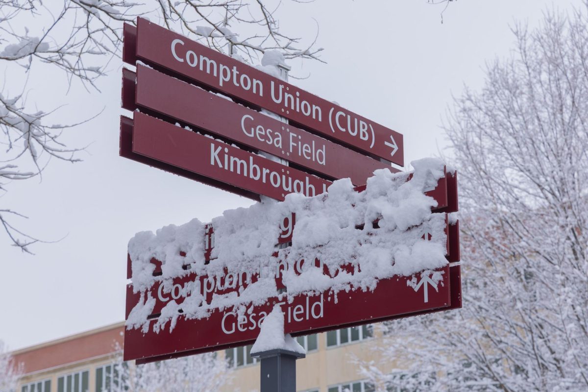 Frost-coated guide signs on the WSU Pullman campus, Feb. 18, 2026.