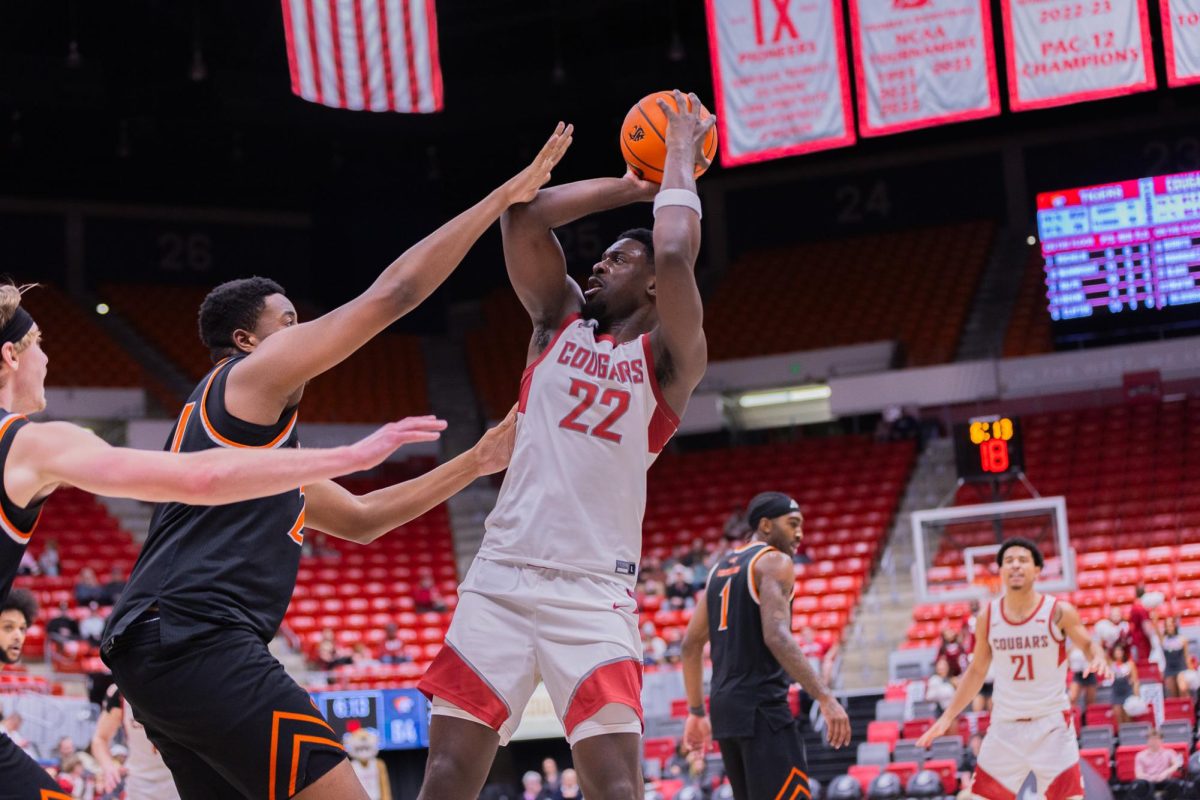 WSU Forward ND Okafor looks for a pass against University of the Pacific, Feb. 18, 2026.