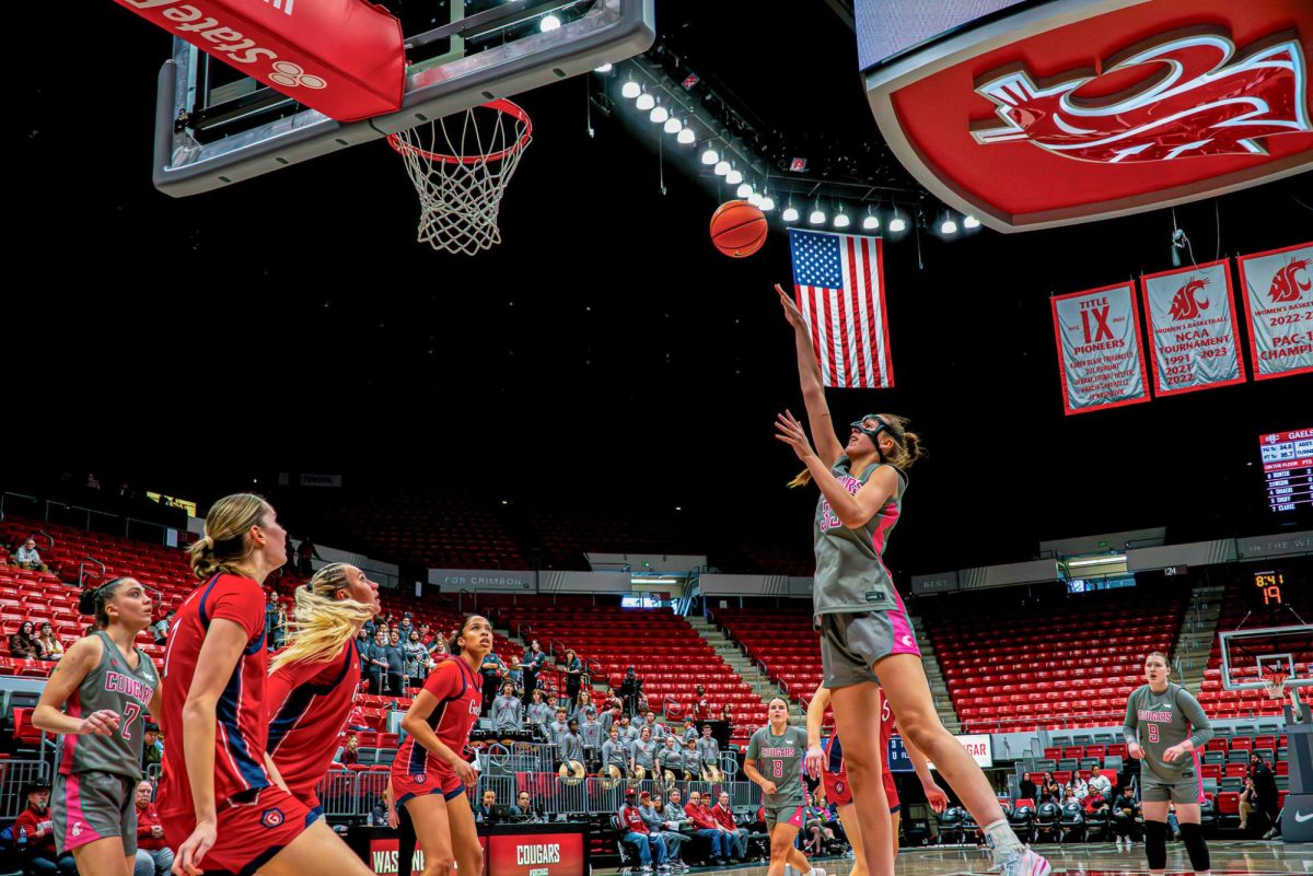 WSU Center Alex Covill putting up a shot against Saint Mary's, Feb. 28, 2026.
