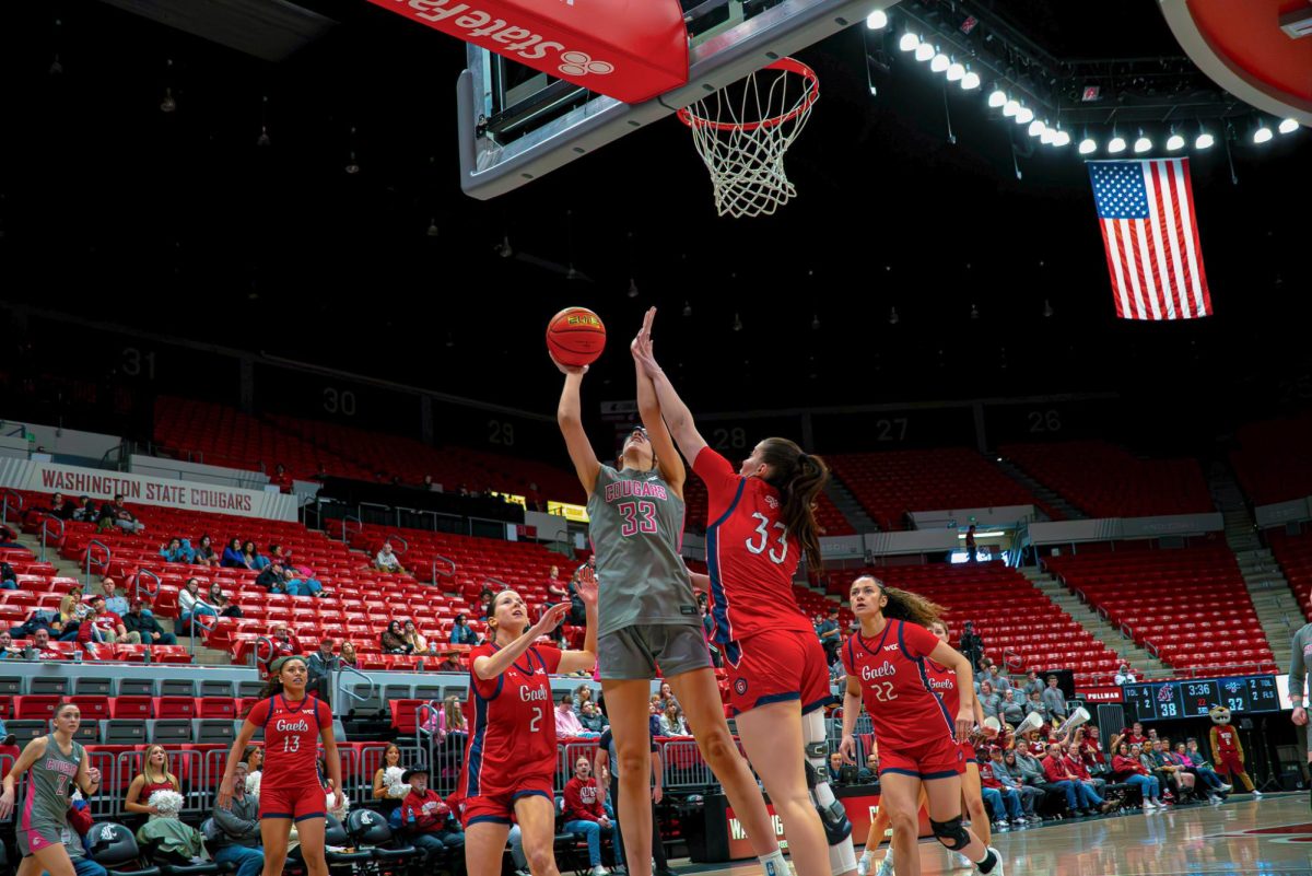 WSU Center Alex Covill shooting a lay-up against Saint Mary's, Feb. 28, 2026.
