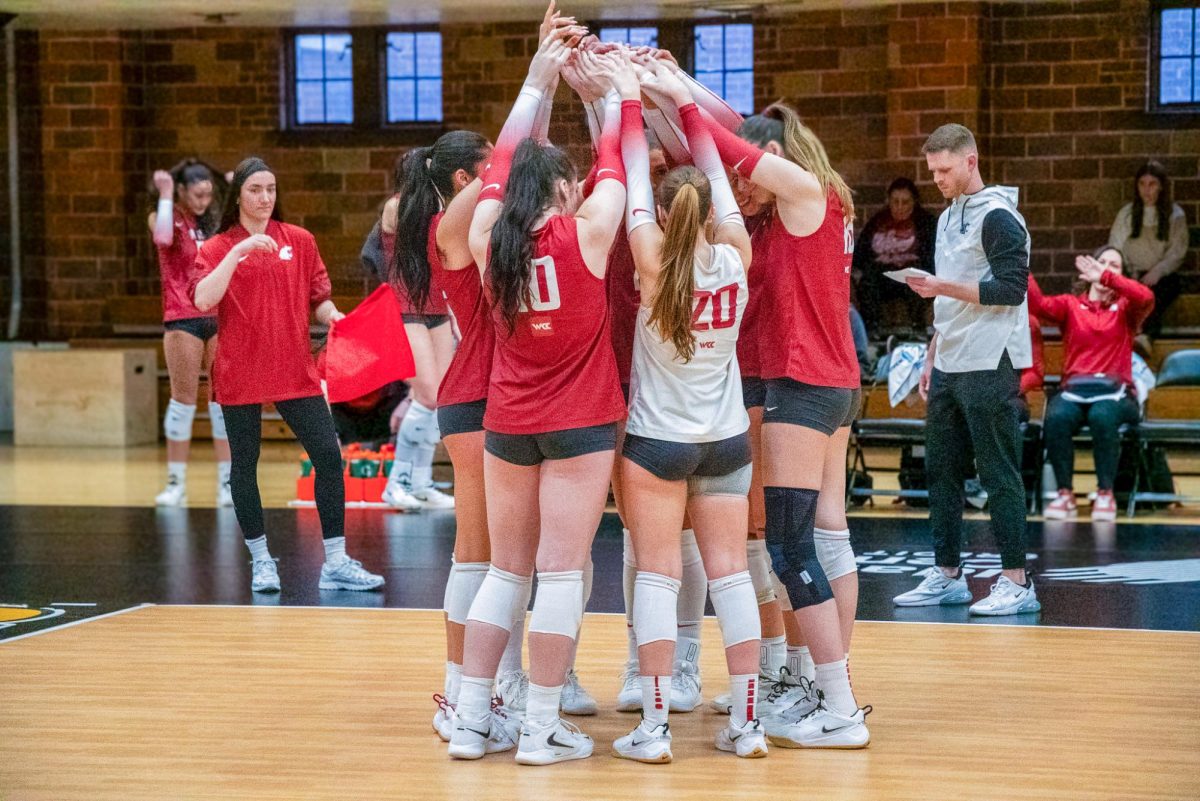 WSU Volleyball team's pre-game huddle before their match against University of Idaho, March 7, 2026.
