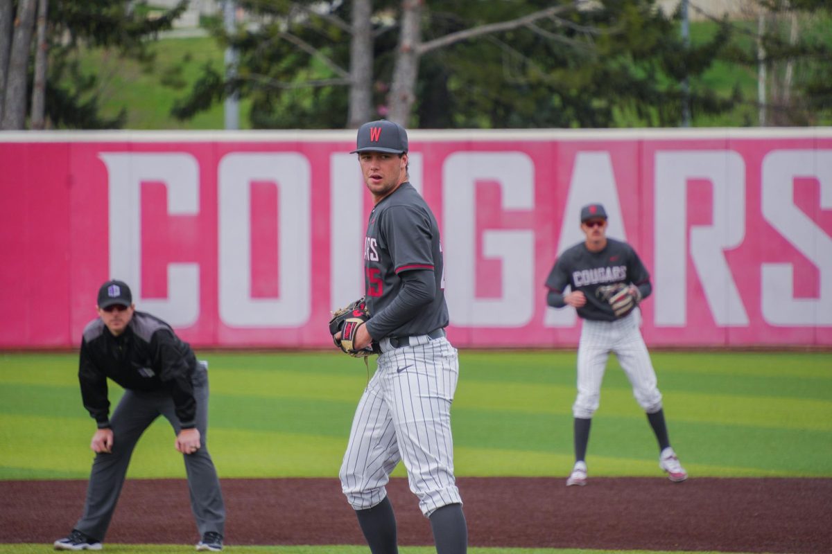 WSU Right-handed Pitcher Luke Myers prepares to throw against Fresno State University baseball, May 3, 2026.
