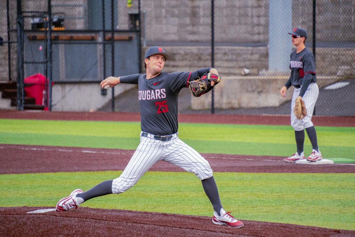 WSU pitcher Griffin Smith warming up against University of Nevada, March 28, 2026.

