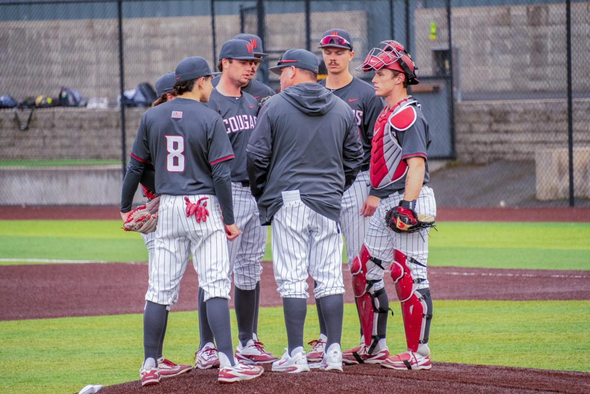 WSU baseball team visiting the mound against University of Nevada, March 28, 2026.

