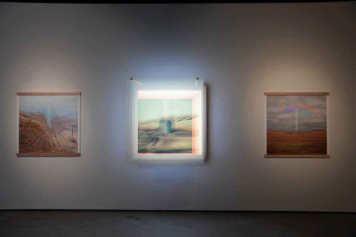 "Point of Contact" (L), "Light Box" (M), and "Opalesque" (R) by Keegan Baatz at the Jordan Schnitzer Museum of Art's Master of Fine Arts Thesis Exhibition, March 31, 2026.