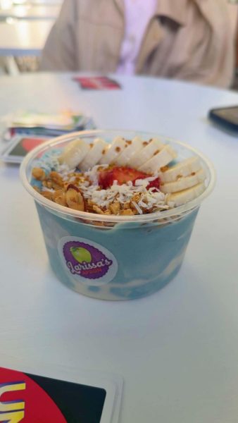 The Cloud 9 from Larissa's Apron, mixed with pineapple, coconut, blue Spirulina, banana, agave, and topped with bee pollen and granola.  