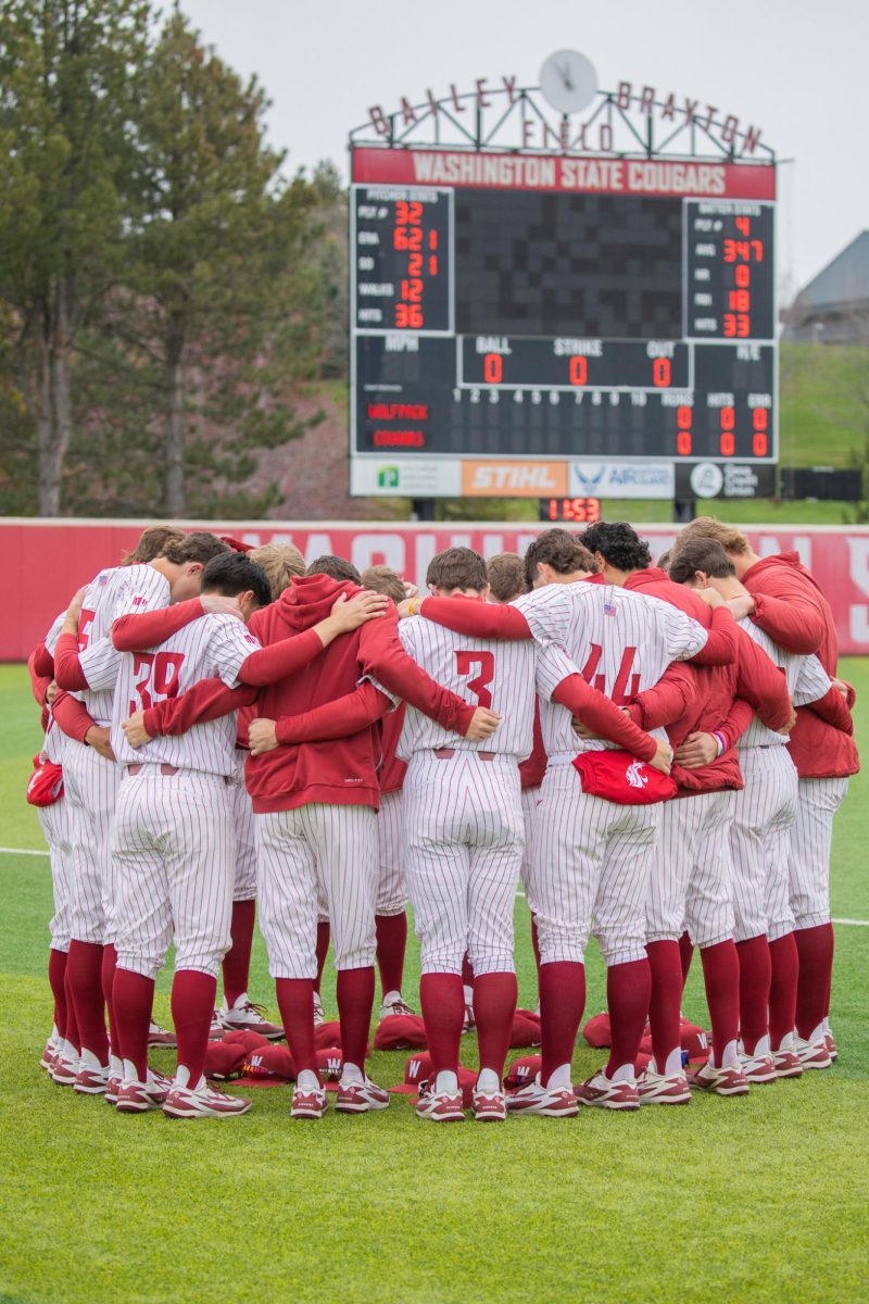 The WSU Baseball team huddles before the game against University of Nevada, March, 29, 2026.