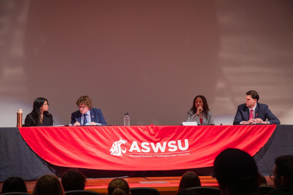 ASWSU President and Vice President candidates (left to right) Emily Bell, Collin Bannister, Grace Carpenter and Reed Scott discuss their values and goals for the university during the ASWSU General Q&A, March 5, 2026.