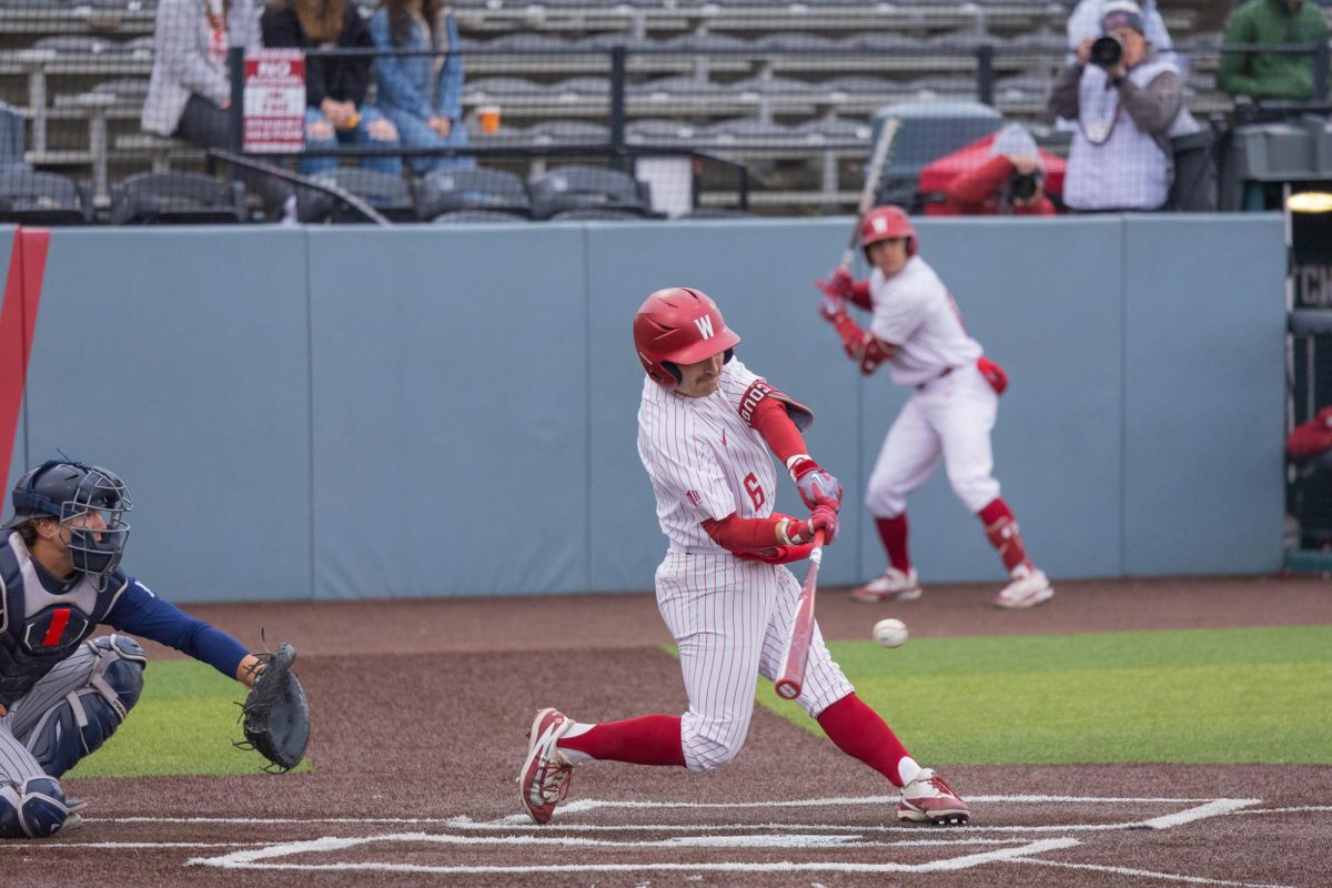 WSU middle infielder Gavin Roy mid-swing against University of Nevada, March 29, 2026.