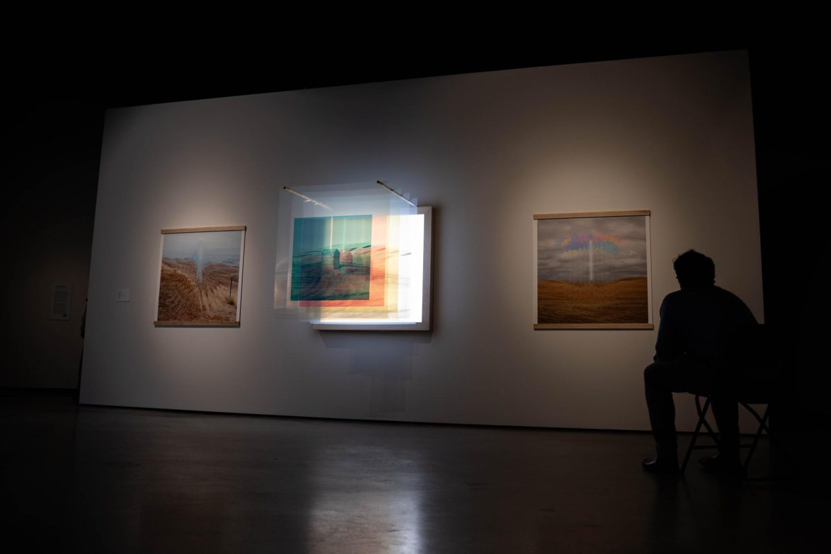 A man sits and admires an exhibit at the Jordan Schnitzer Museum of Art on March 31. 2026. 