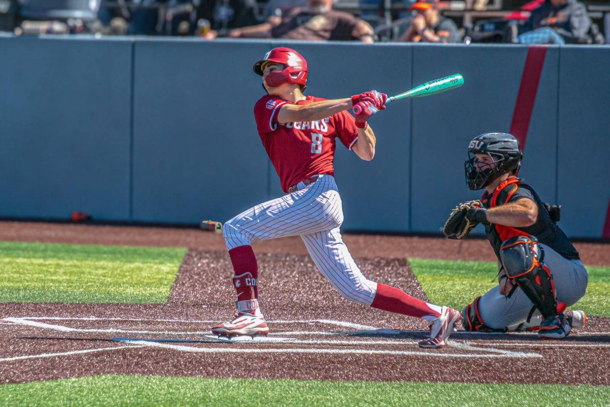 WSU Third Baseman Ollie Obenour following through his swing against Oregon State University, April 7, 2026.
