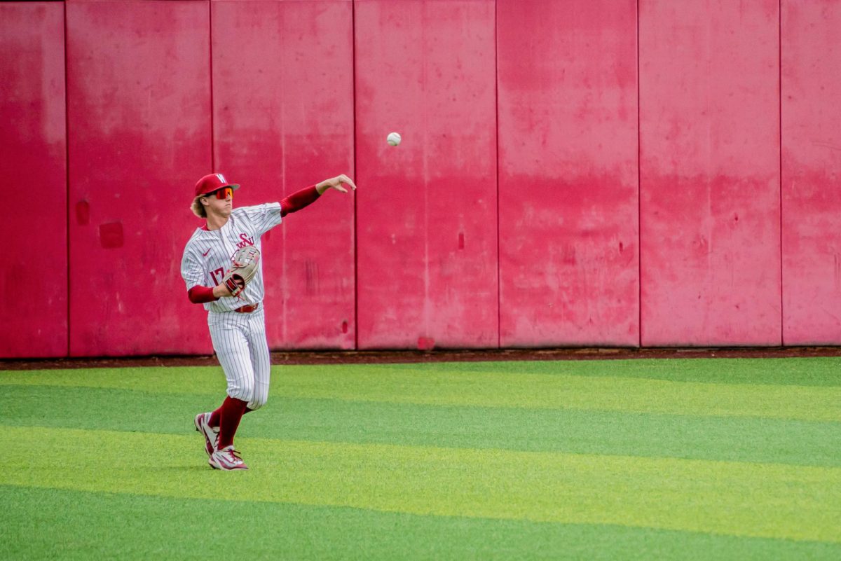 WSU Outfielder Trevor Smith throwing the ball back to the infield against Gardner-Webb University, April 11, 2026.
