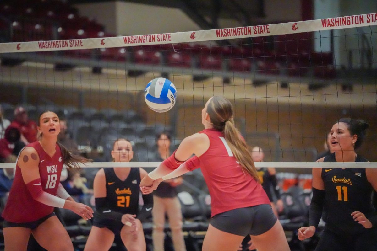 WSU Middle Blocker Lucie Blažková bumping the ball against University of Idaho, April 25, 2026.