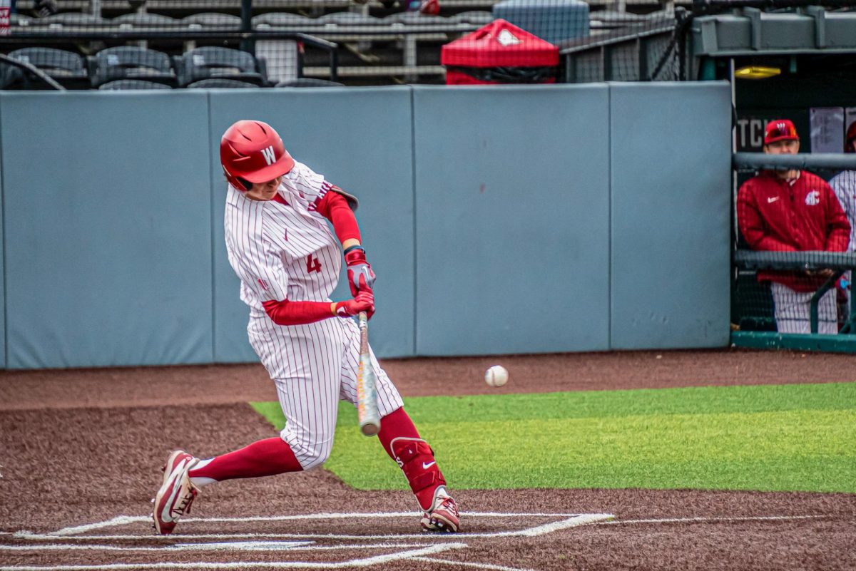 WSU Catcher Alexandre Giguère takes a swing against Gardner-Webb University, April 11, 2026.
