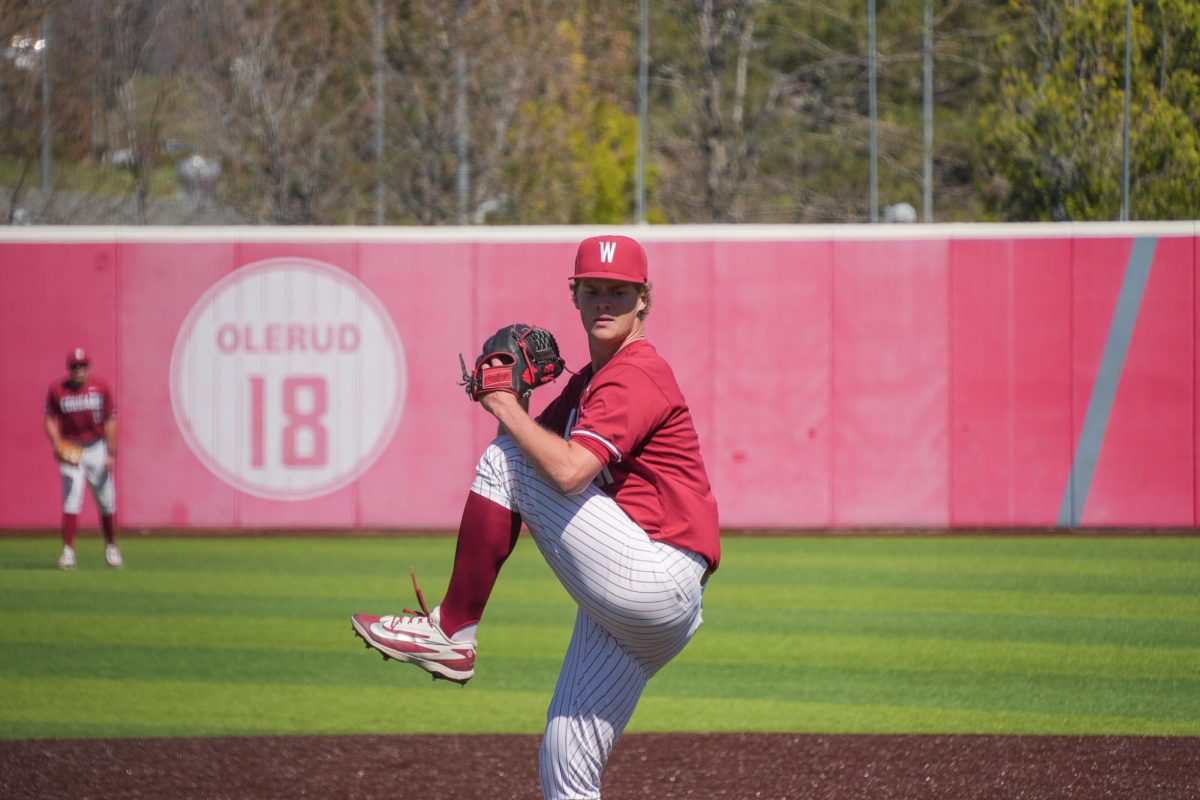 WSU Right-Handed Pitcher Ryan Falke winds up to throw against Oregon State University, April 7, 2026.