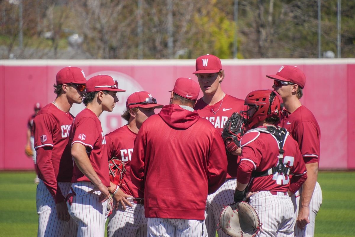 WSU baseball team visiting the mound against Oregon State University, April 7, 2026.
