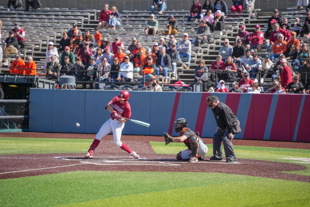 WSU First Baseman Ryan Skjonsby mid-swing against Oregon State University, April 7, 2026.