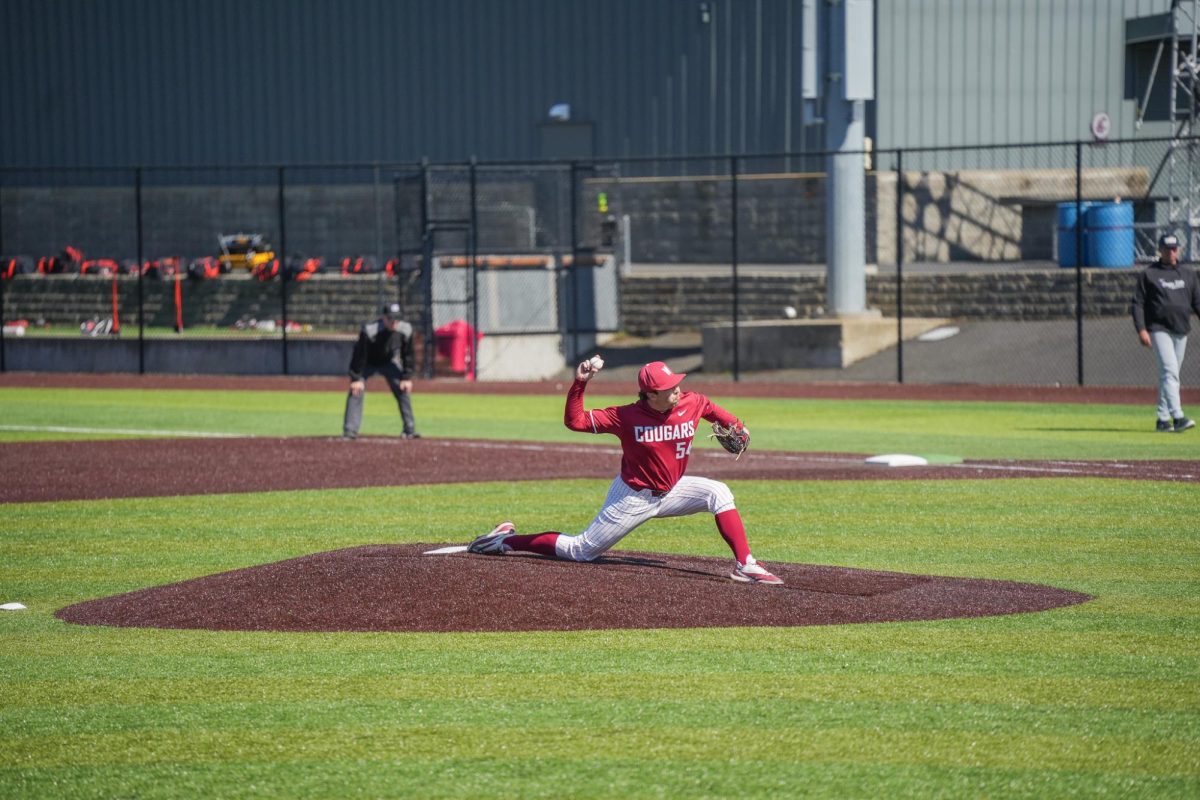 WSU Right-Handed Pitcher Rylan Haider prepares a throw against Oregon State University, April 7, 2026.
