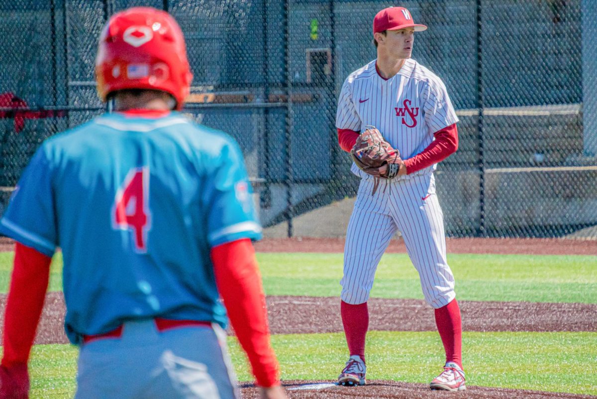 WSU Right-Handed Pitcher Luke Myers staring down the batter against University of New Mexico, April 26, 2026.

