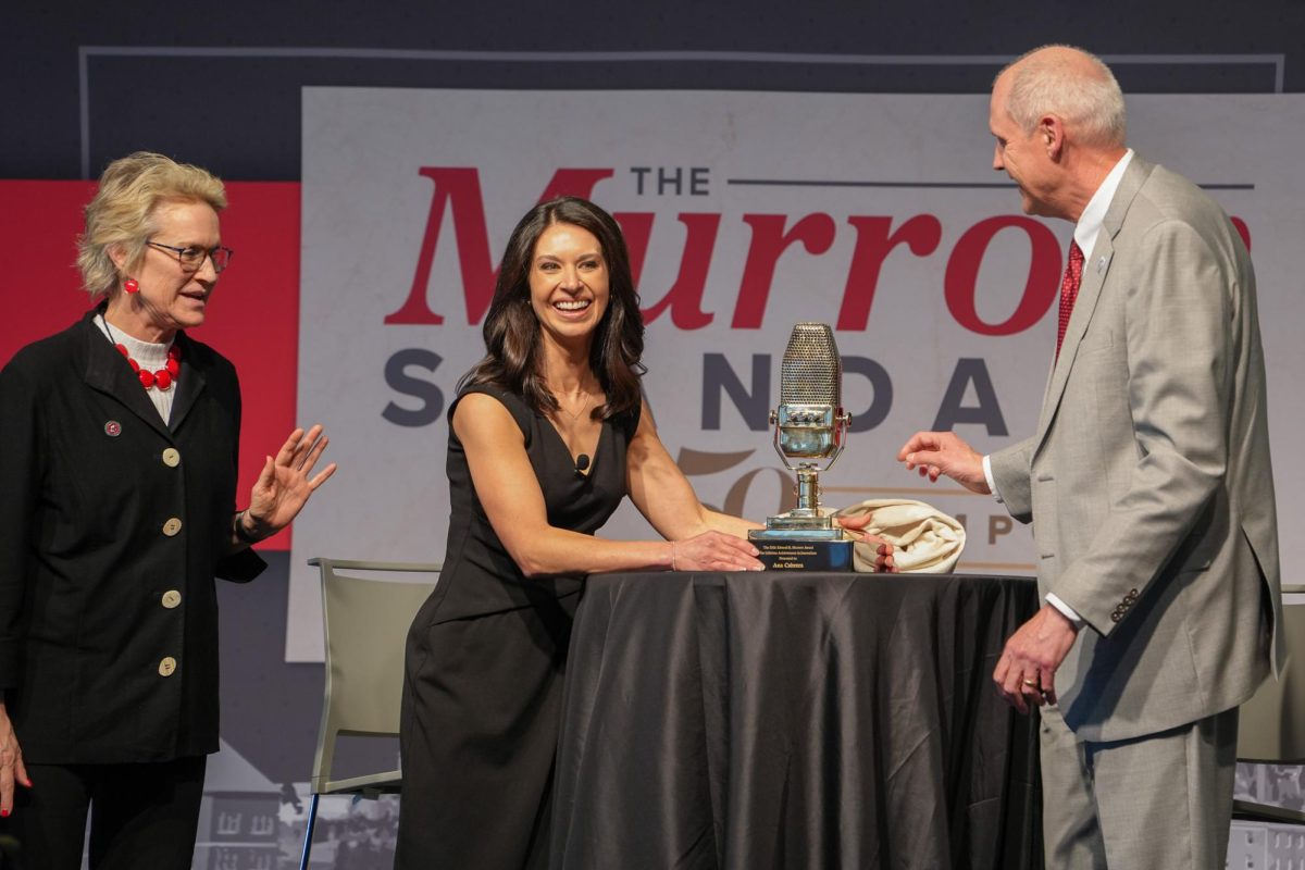 Ana Cabrera unveils her Murrow Lifetime Achievement Award at Murrow Symposium 50, April 7, 2026.