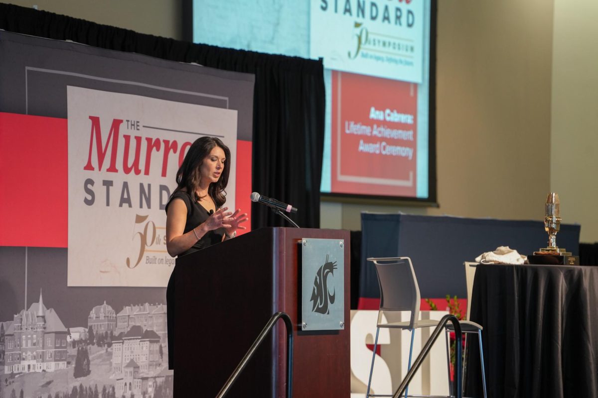 Murrow Lifetime Achievement Award recipient Ana Cabrera gives her acceptance speech at Murrow Symposium 50, April 7, 2026.