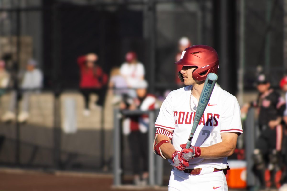 Max Hartman prepares to face a pitch for the WSU baseball team against Gardner-Webb on April 9 2026. 