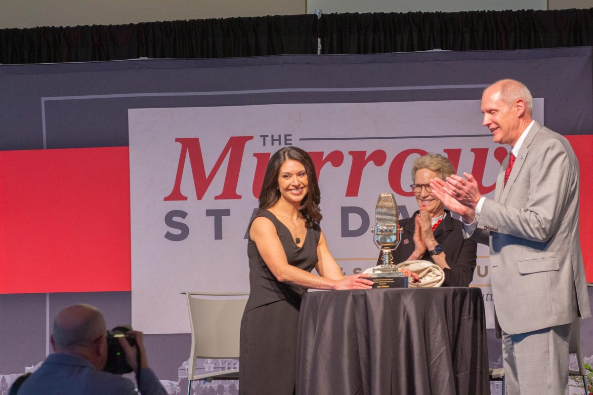 Ana Cabrera unveils her Murrow Lifetime Achievement Award at Murrow Symposium 50, April 7, 2026.