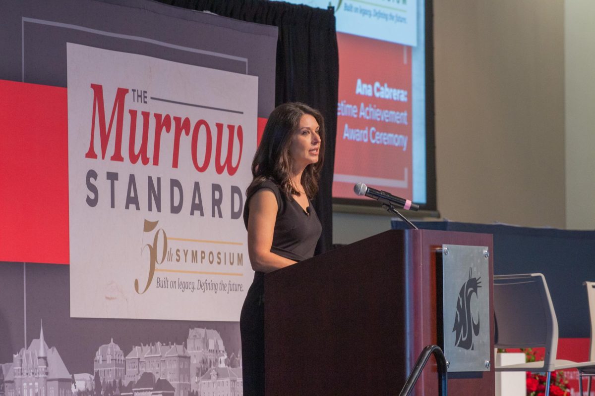 Murrow Lifetime Achievement Award recipient Ana Cabrera gives her acceptance speech at Murrow Symposium 50, April 7, 2026.